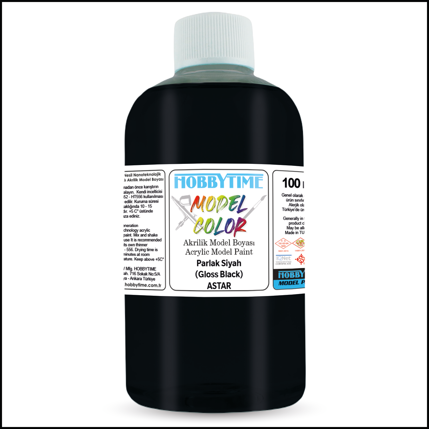 Hobbytime 481 100 ml. Parlak Siyah (Gloss Black), Astar, Akrilik Model Boyası