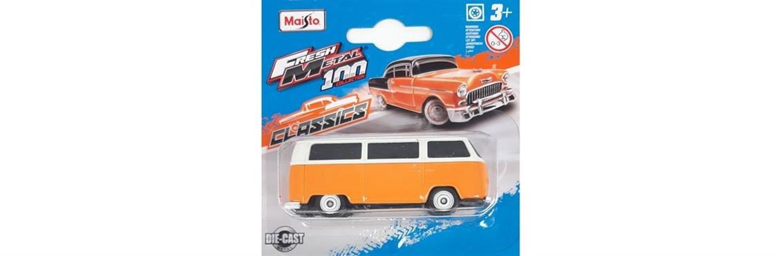 Maisto 19123 1/64 Volkswagen T2 Type 2 Bus, Orange-Beyaz, Sergilemeye Hazır Metal Minibüs Modeli