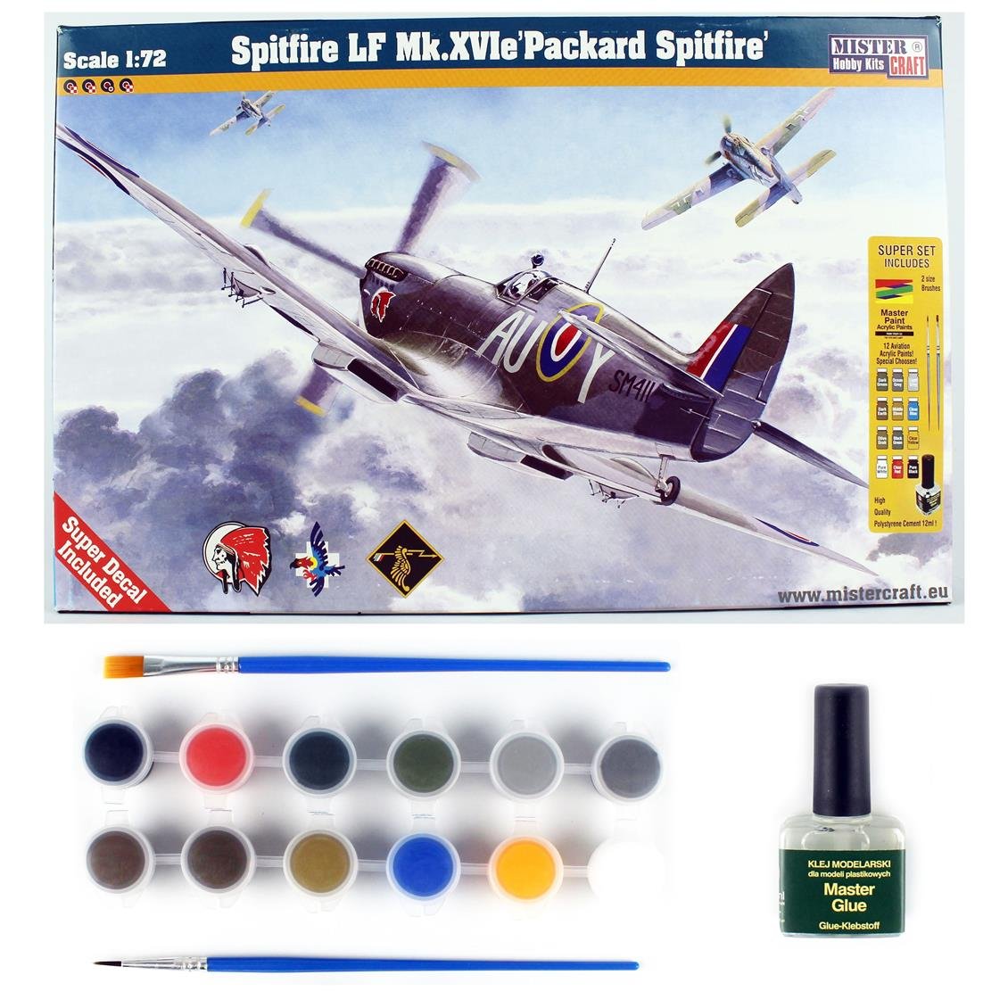 Mistercraft D182ST 1/72 Spitfire LF Mk. XVIe Packard Savaş Uçağı Plastik Model Kiti, (12xBoya,2xFırça,Yapıştırıcılı Başlangıç S