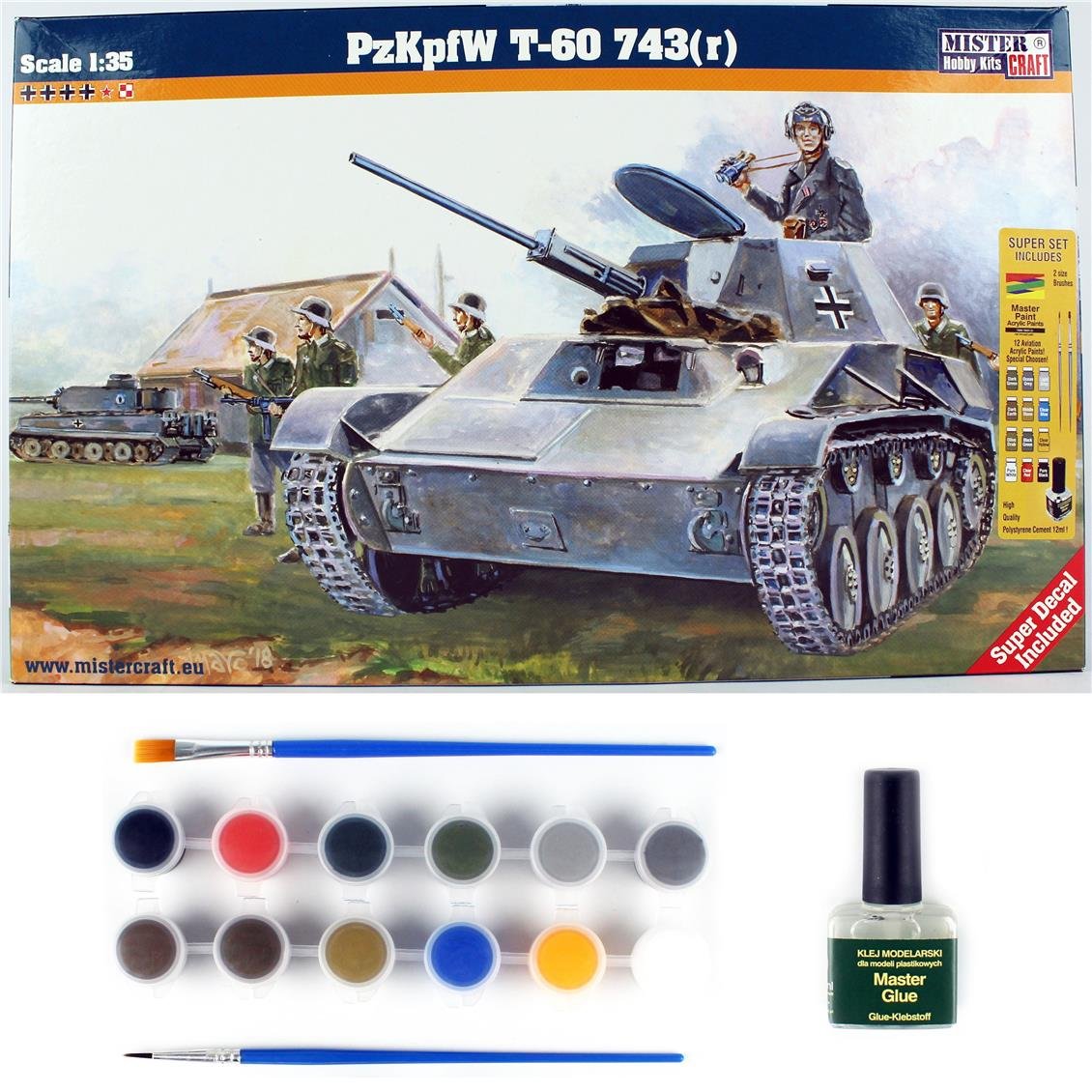 Mistercraft E003ST 1/35 PzKpfW T-60 743R Tankı Plastik Model Kiti, (12xBoya,2xFırça,Yapıştırıcılı Başlangıç Seti)