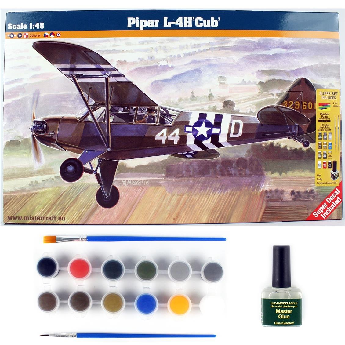 Mistercraft E041ST 1/48 Piper Cup L-4H Eğitim Uçağı Plastik Model Kiti, (12xBoya,2xFırça,Yapıştırıcılı Başlangıç Seti)