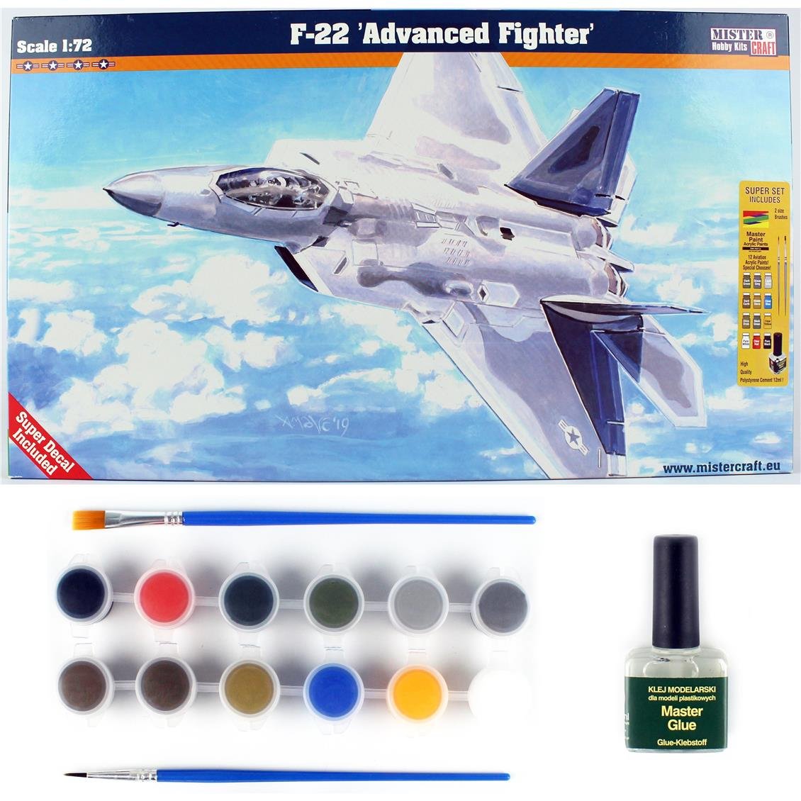 Mistercraft F006ST 1/72 F-22 Gelişmiş Avcı Uçağı  Plastik Model Kiti, (12xBoya,2xFırça,Yapıştırıcılı Başlangıç Seti)