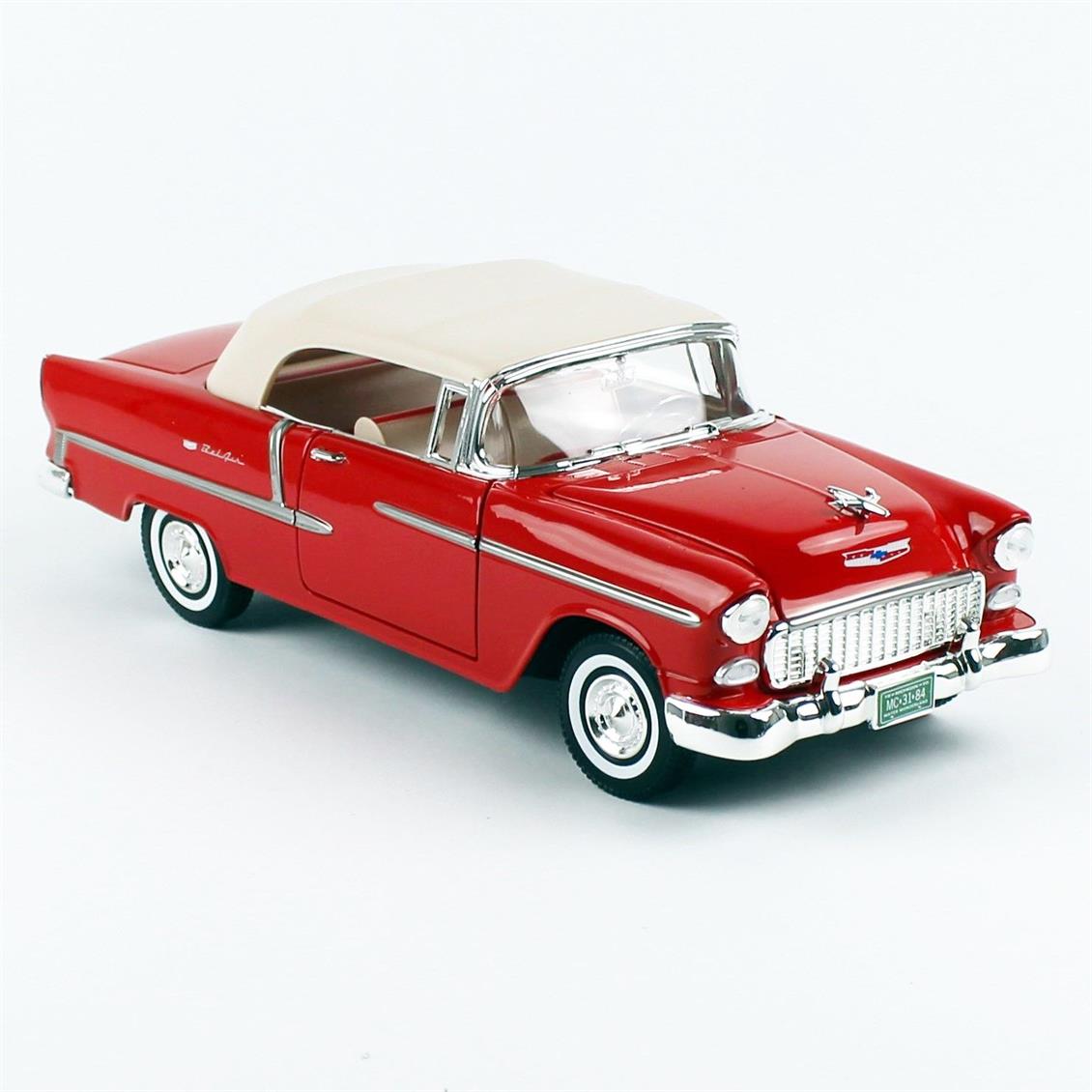 Motormax 73184R 1/18 Ölçek 1955 Chevrolet Bel Air convertible, Kırmızı, Sergilemeye Hazır Metal Araba Modeli
