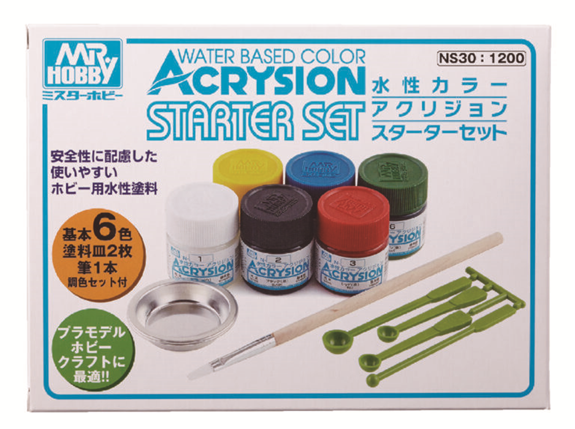 Mr.Hobby NS-30 6x10 ml.Acrysion Starter Set, Fırça, 2xBoyama Tepsisi ve Karıştırma Çubukları