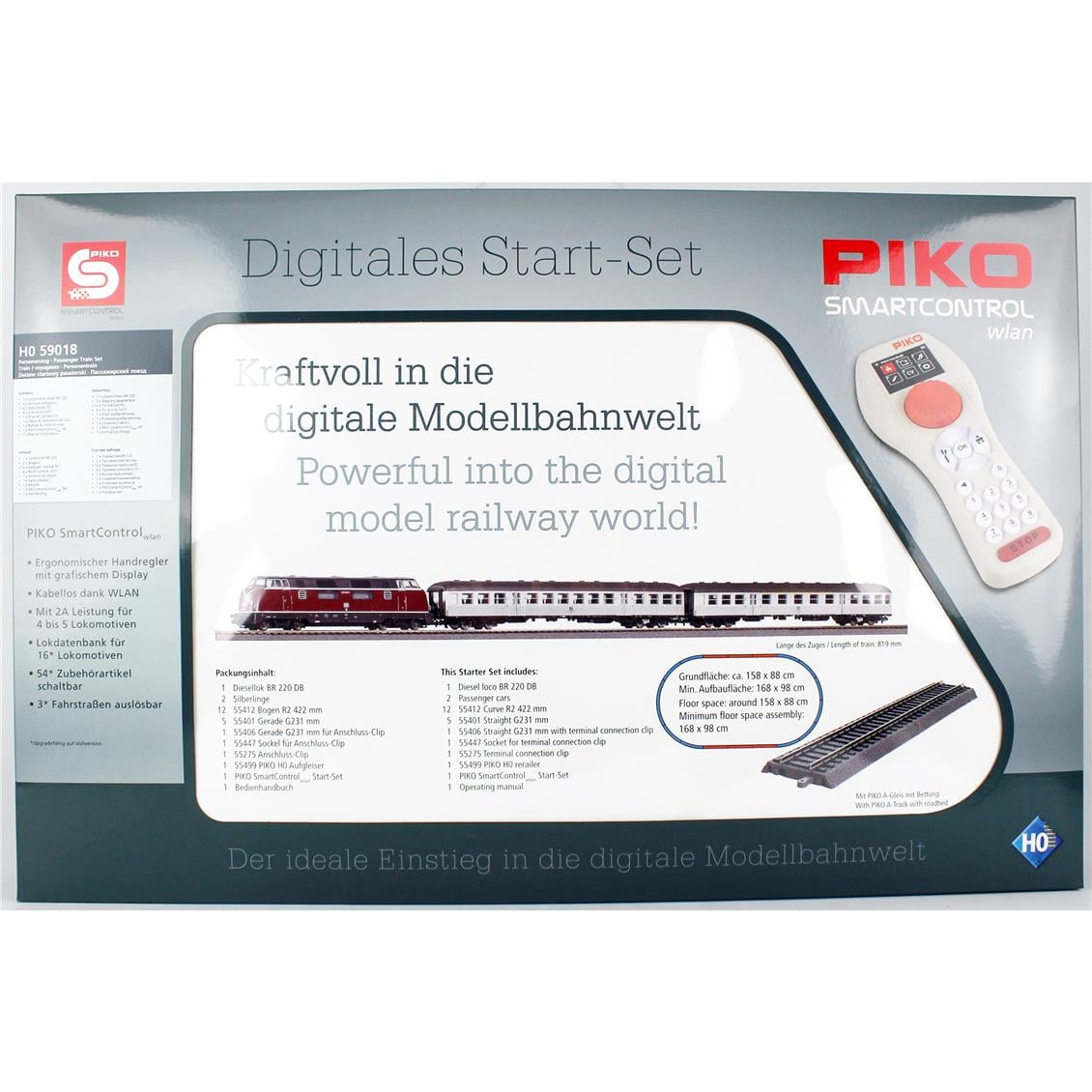 Piko 59018 1/87 Ölçek, DB IV, SmartControl WLAN, Dizel Lokomotif, 2xYataklı Vagon, Güç Kaynağı, 158x88 cm. Model Tren Başlangıc