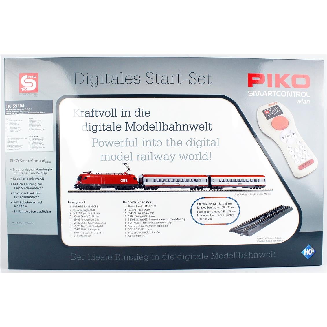 Piko 59104 1/87 Ölçek, ÖBB V, SmartControl WLAN, Elektrikli Lokomotif, 2xYataklı Vagon, Güç Kaynağı, 158x88 cm. Model Tren Başl