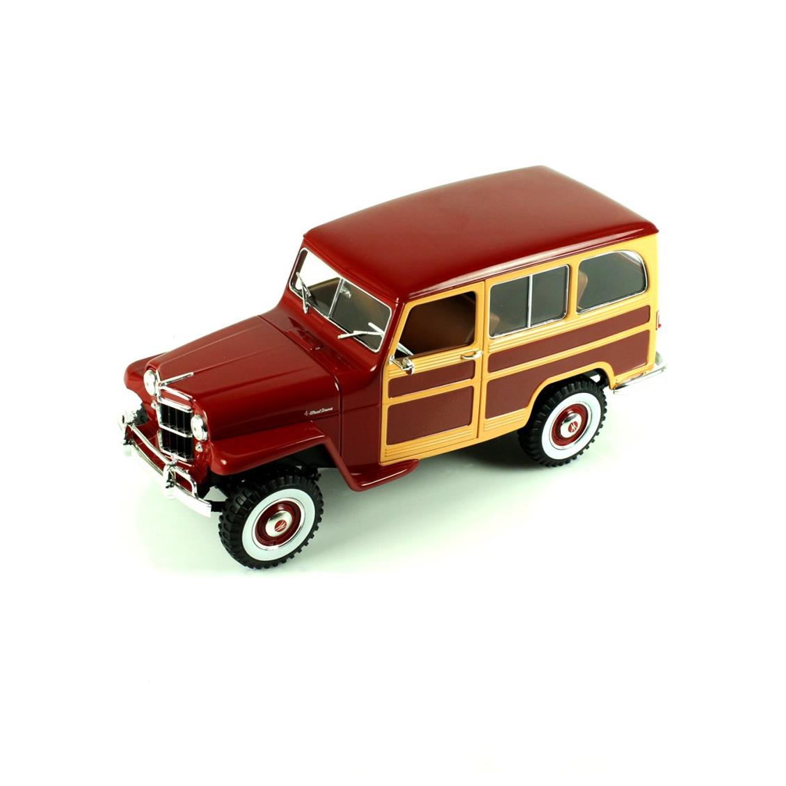 Road Signature 92858 1/18 1955 Willys Jeep Station Wagon, Burgundy, Sergilemeye Hazır Metal Araba Modeli