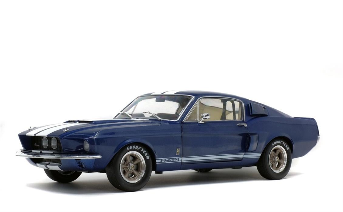 Solido S1802903 1/18 1967 Shelby Mustang GT500-Mavi üzeri Beyaz Çizgili-Sergilemeye Hazır Metal Araba Modeli