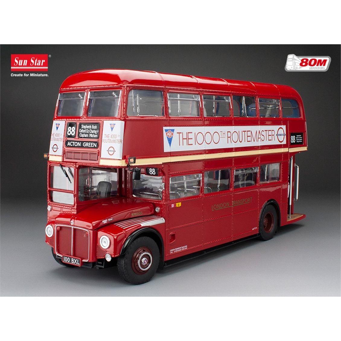 Sunstar 2943 1/24 Ölçek, Routemaster RM1000,100 BXL, Kırmızı, Sergilemeye Hazır Metal Otobüs Modeli