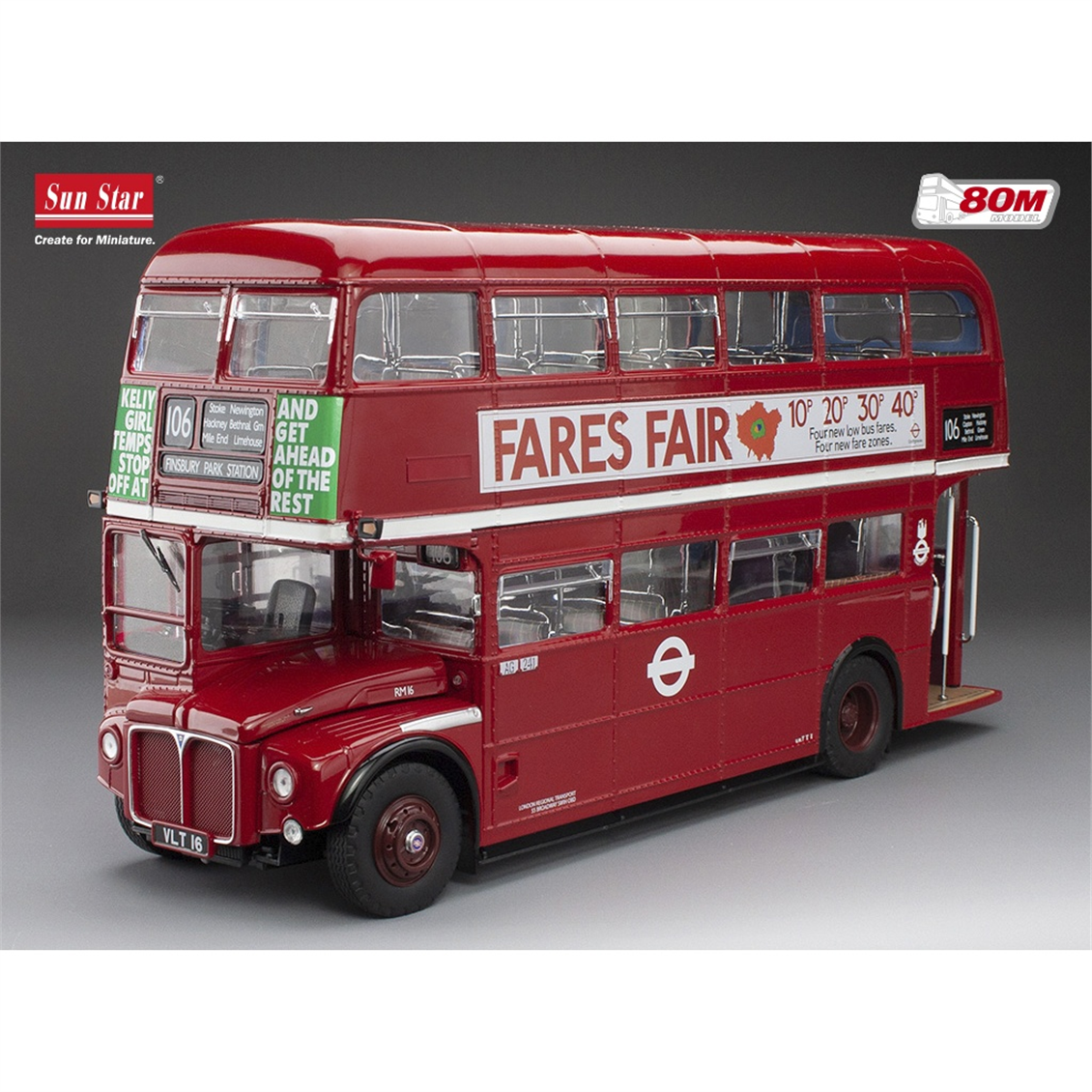 Sunstar 2944 1/24 Ölçek, Routemaster RM16, VLT 16, Kırmızı, Sergilemeye Hazır Metal Otobüs Modeli