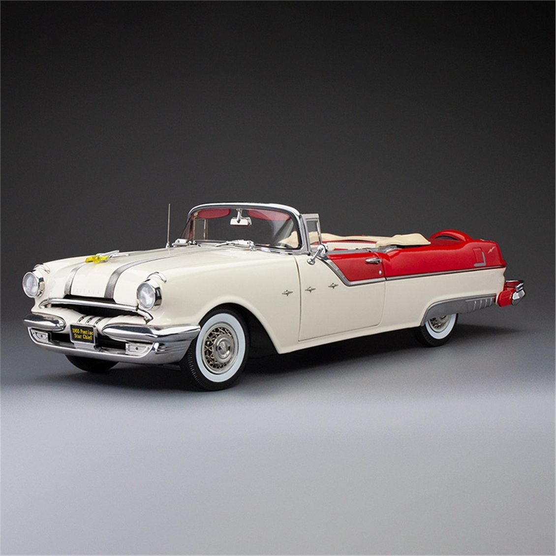 Sunstar 5058 1/18 Ölçek, 1955 Pontiac Star Chief Open Convertible, Bolero Kırmızısı/Gri, Sergilemeye Hazır Metal Araba Modeli