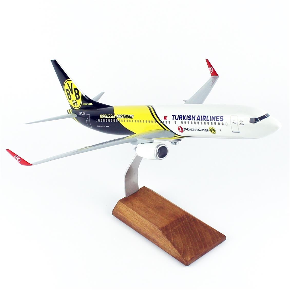 THY051 1/100 Ölçek, THY Borissia Dortmund Logolu B737-800 Yolcu Uçağı, Sergilemeye Hazır Ahşap Standlı Model