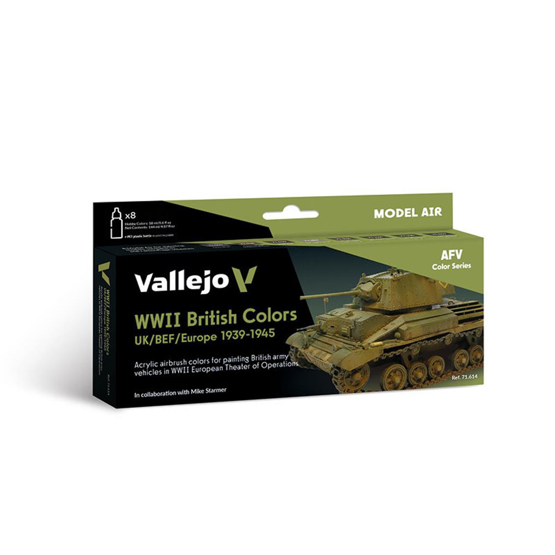 Vallejo 71614 8x18 ml. WWII British Colors UK/BEF/Europe 1939-1945, Model Air Serisi Model Boyası Seti