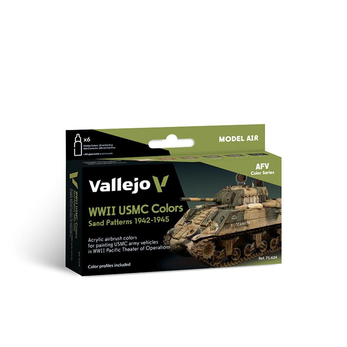 Vallejo 71624 6x18 ml. WWII USMC Colors Sand Patterns 1942-1945, Model Air Serisi Model Boyası Seti