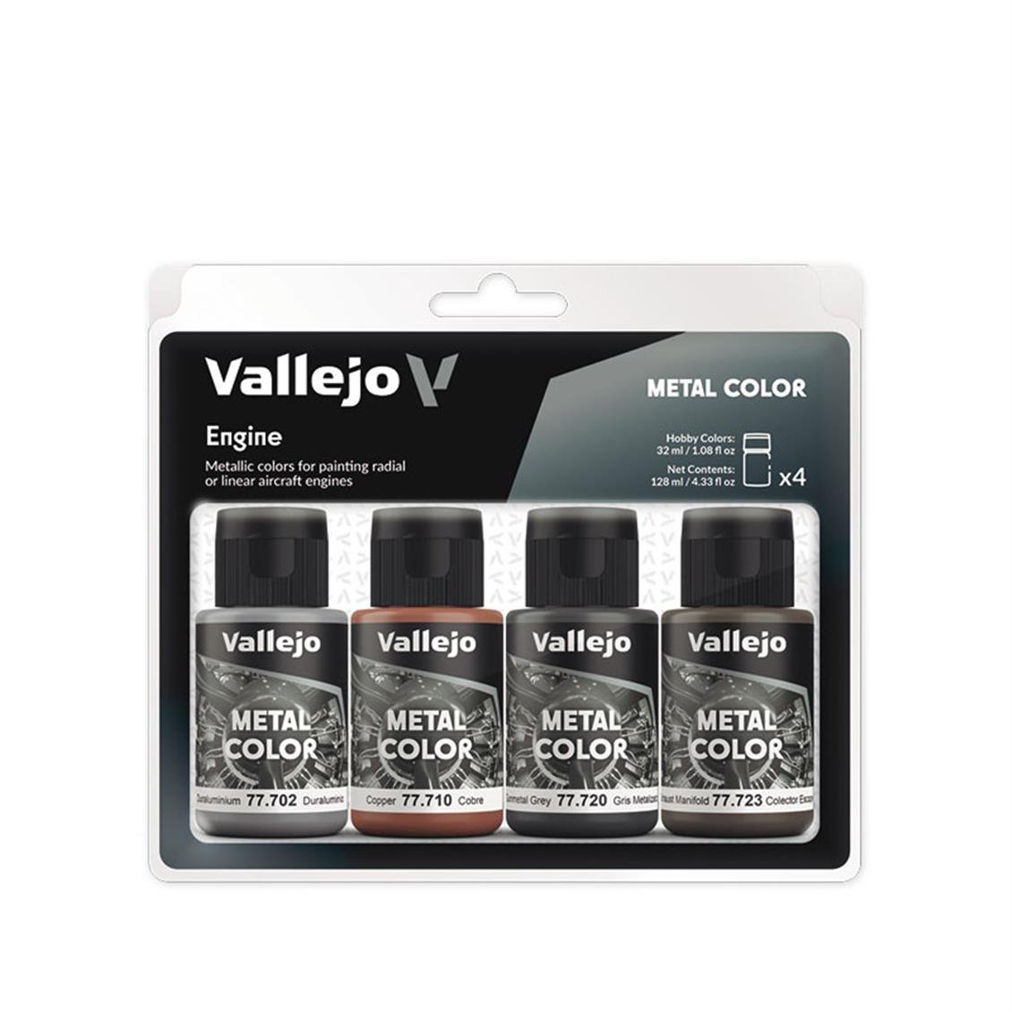 Vallejo 77604 4x32 ml. Engine, Metal Color Serisi Boya Seti
