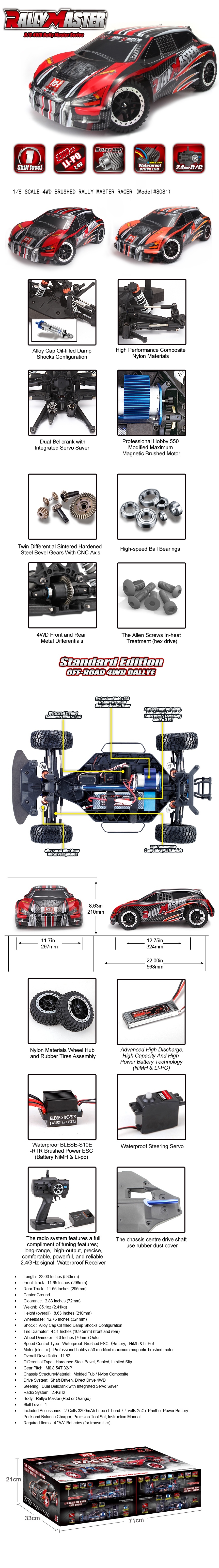 Remo 8081 1/8 Ölçek, 4WD On Road (Rally Master Racer) Turuncu Kaportalı, Fırçalı Motorlu, 7.4V 3300mAh Li-Po Pilli, 2.4Ghz Kumandalı özelliikleri