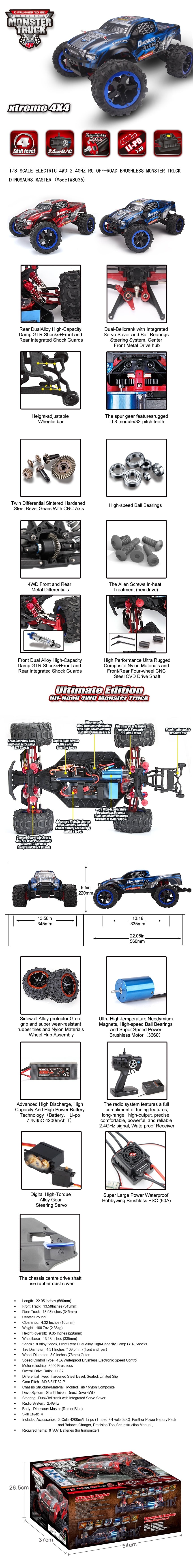 Remo 8036 1/8 Ölçek, 4WD Off Road PRO Monster Truck (Dinosaurs Master) Kırmızı Kaportalı, Fırçasız Motorlu, 7.4V 4200mAh Li-Po özellikleri