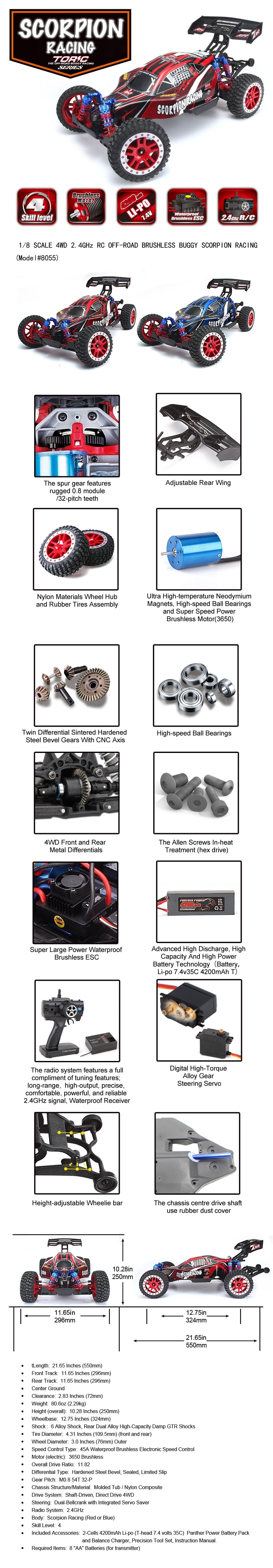 Remo 8055 1/8 Ölçek, 4WD PRO Off Road Buggy (Scorpion Racing) Mavi Kaportalı, Fırçasız Motorlu, 7.4V 4200mAh Li-Po Pilli, 2.4Gh özellikleri