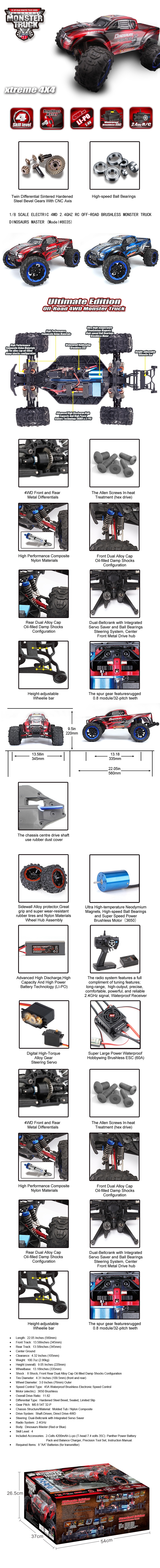 Remo 8035 1/8 Ölçek, 4WD Off Road Monster Truck (Dinosaurs Master) Kırmızı Kaportalı, Fırçasız Motorlu, 7.4V 4200mAh Li-Po özellikleri