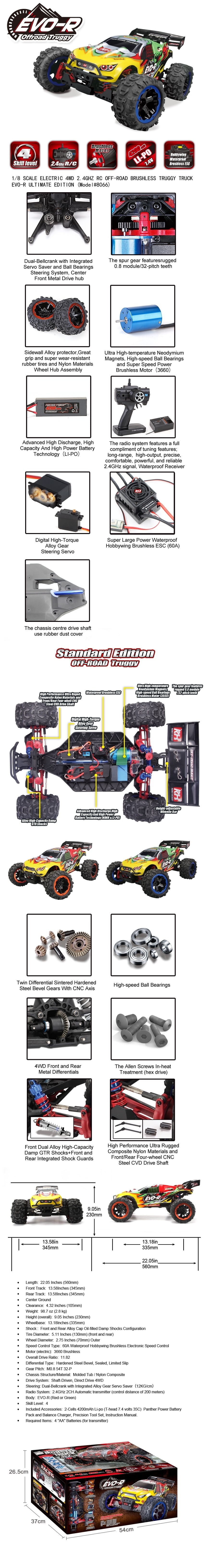 Remo 8066 1/8 Ölçek, 4WD Off Road Truggy Truck, Yeşil, Fırçasız Motorlu, 7.4V 4200mAh Li-Po Pilli, 2.4Ghz Kumandalı Model Araç  özelliikleri