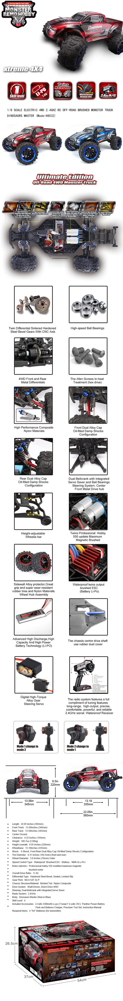 Remo 8032 1/8 Ölçek, 4WD Off Road Monster Truck (Dinosaurs Master) Kırmızı Kaportalı, Fırçalı Çift Motorlu, 7.4V 4200mAh Li-Po özellikleri