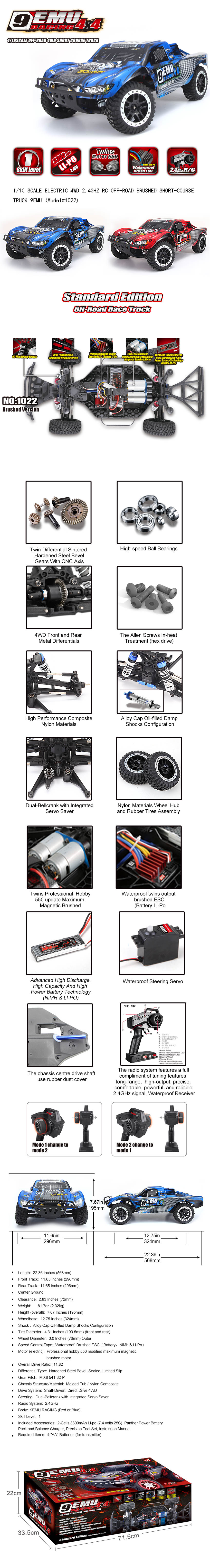 Remo 1022 1/10 Ölçek, 4WD Off Road Short Course (9EMU) Fırçalı Çift Motorlu, Mavi Kaportalı, 2.4Ghz Kumandalı Model Araç  özelliikleri