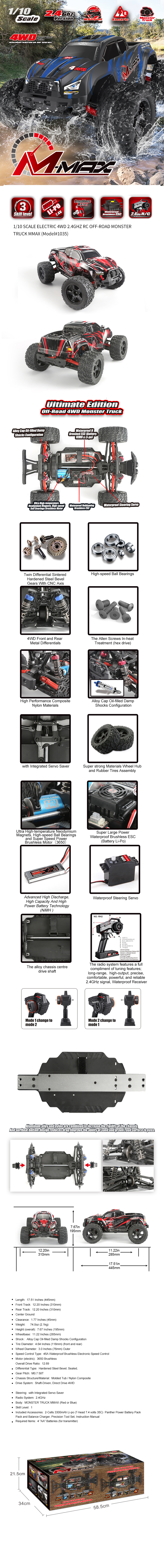 Remo 1035 1/10 Ölçek, 4WD Off Road Monster Truck, Mavi Kaportalı,Fırçasız Motorlu, 7.4V 3300mAh Li-Po Pilli, 2.4Ghz Kumandalı  özelliikleri
