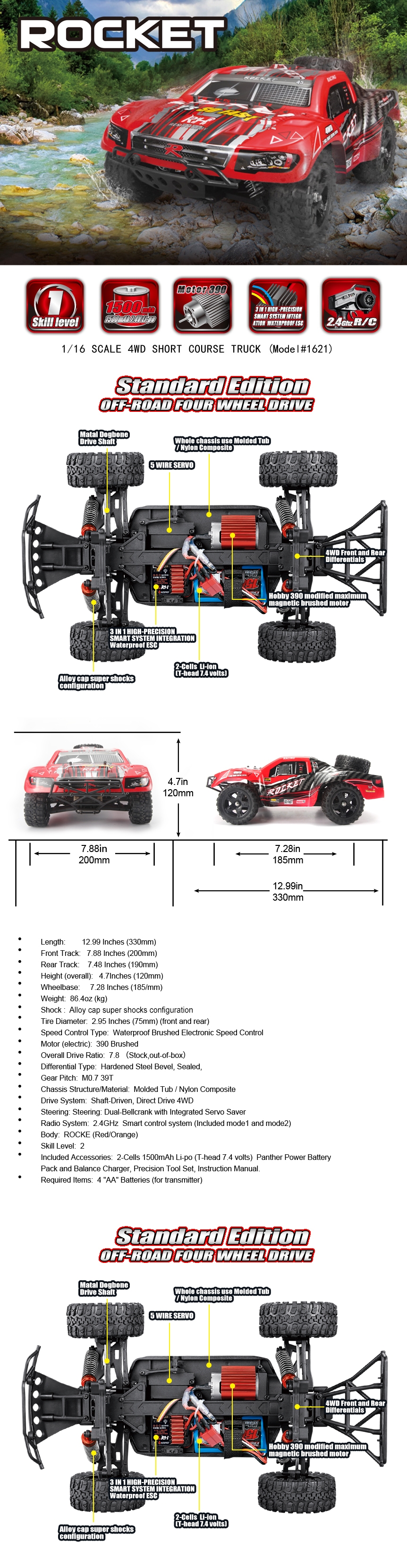 Remo 1621 1/16 Ölçek, 4WD Off Road Short Course (Rocket Smart) Kırmızı Kaportalı, Fırçalı Motorlu,7.4V 1500mAh Li-Po Pilli, 2.4Mod özelliikleri