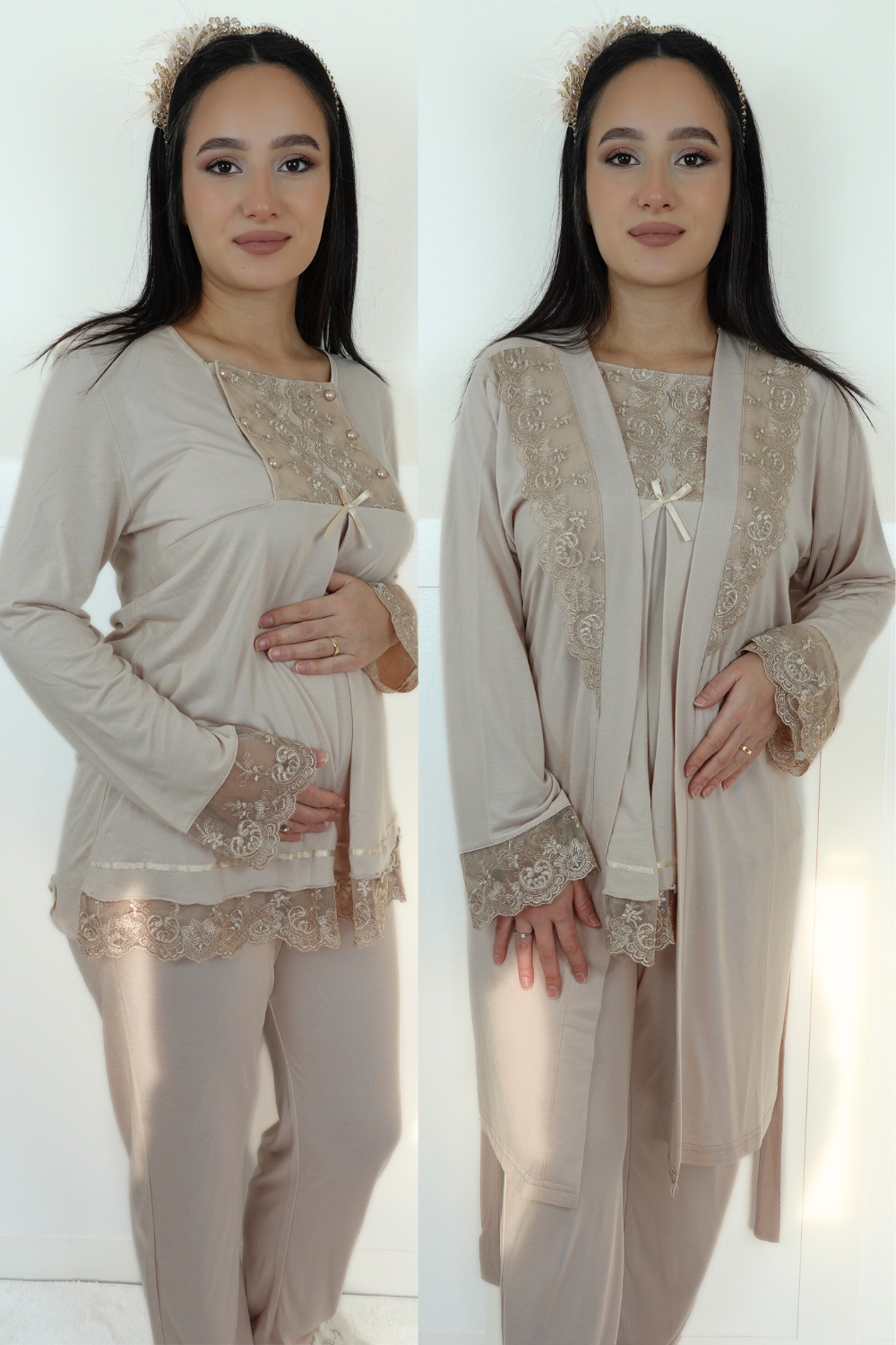 Alasya Model Bej Sabahlıklı Lohusa Pijama