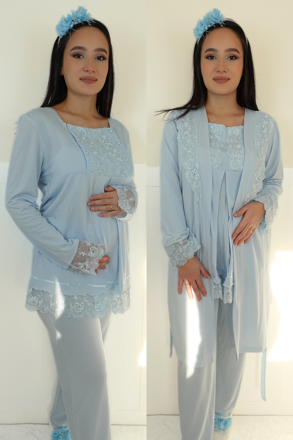 Alasya Model Mavi Sabahlıklı Lohusa Pijama