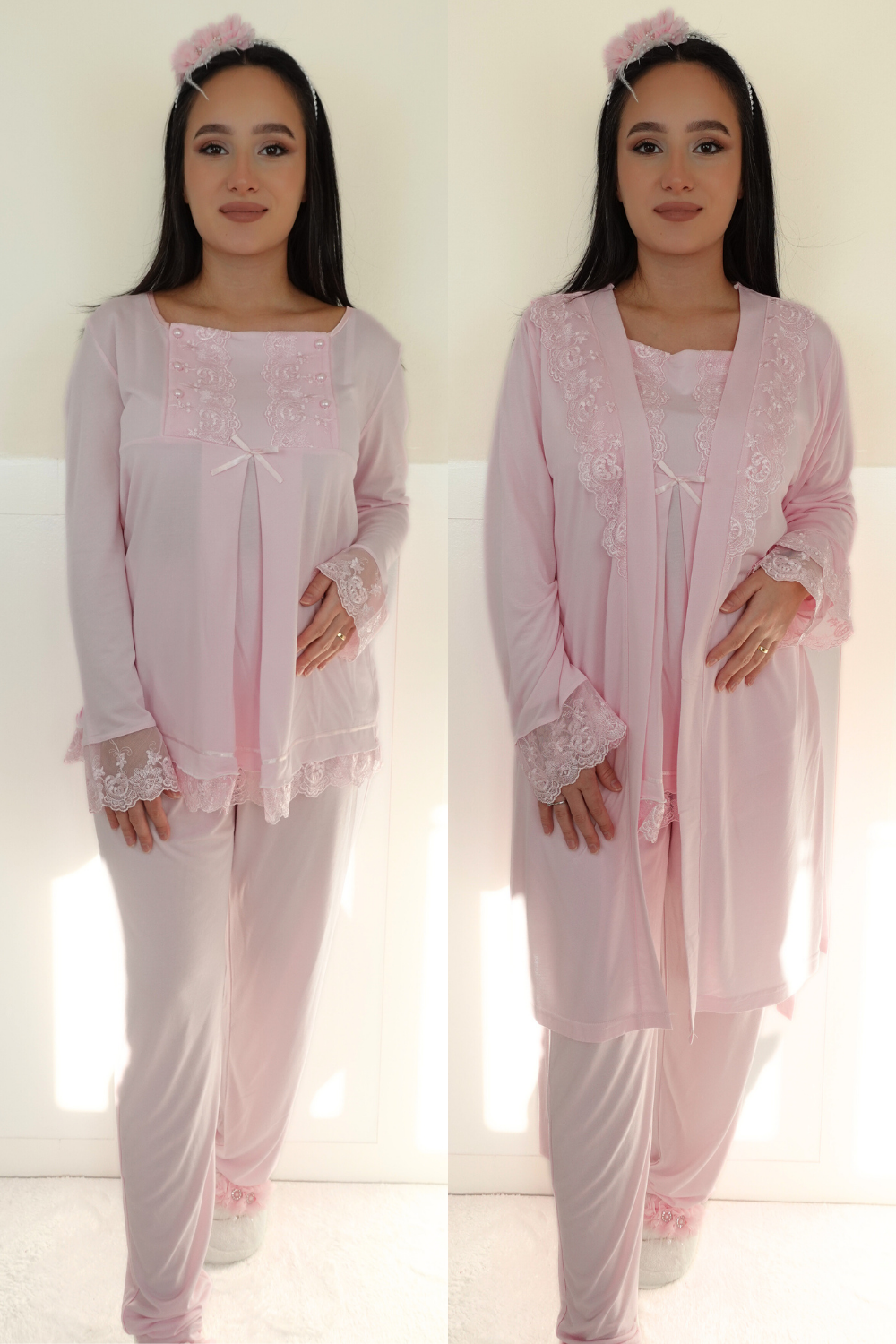 Alasya Model Pembe Sabahlıklı Lohusa Pijama