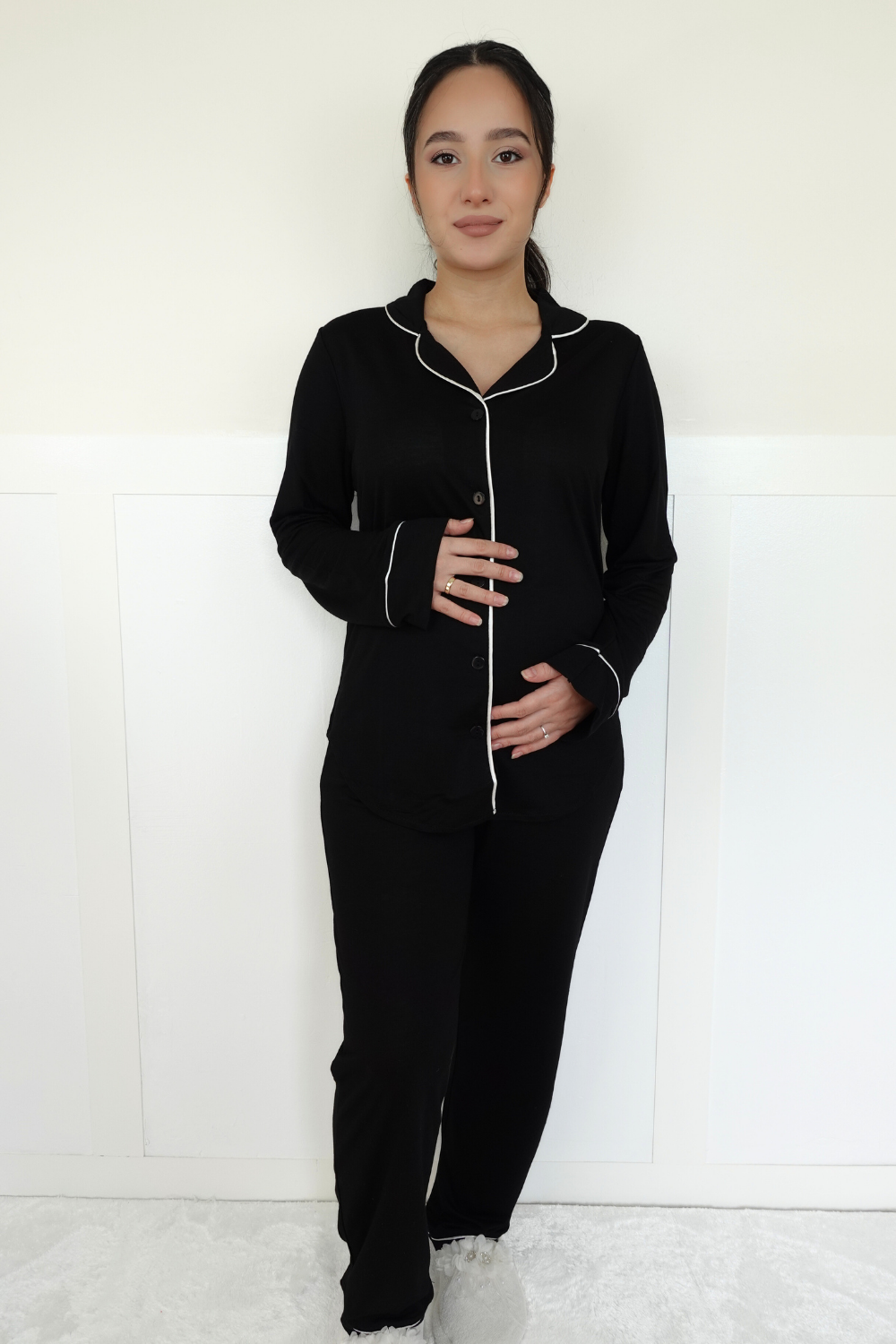 Barre Model Siyah Önden Düğmeli Lohusa Pijama Takım