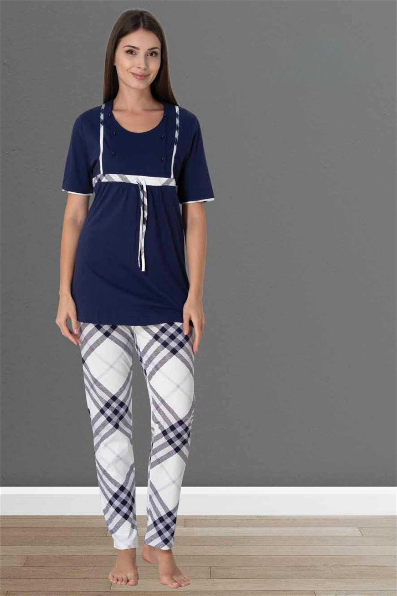 Bera Lacivert Ekose Desenli Lohusa Pijama
