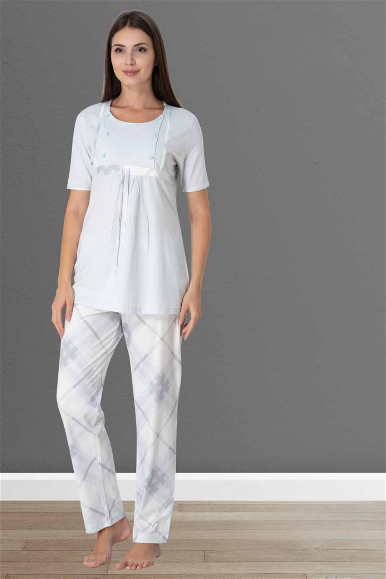 Bera Mavi Ekose Desenli Lohusa Pijama