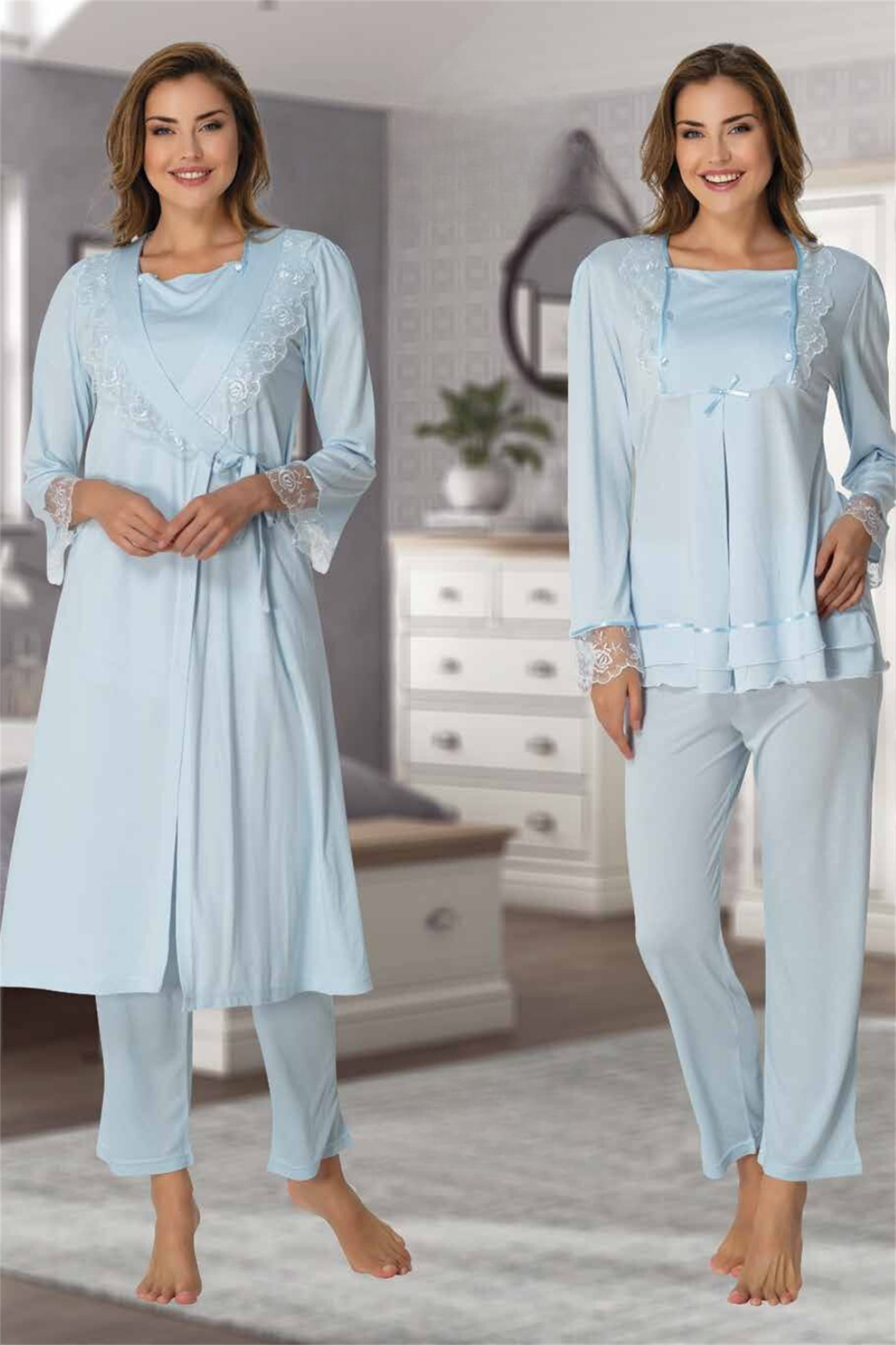 Effortt 2018 Mavi Sabahlıklı Lohusa Pijama