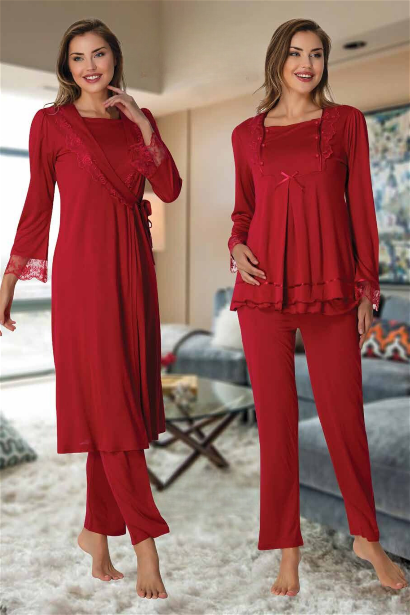 Effortt 2018 Vişne Sabahlıklı Lohusa Pijama