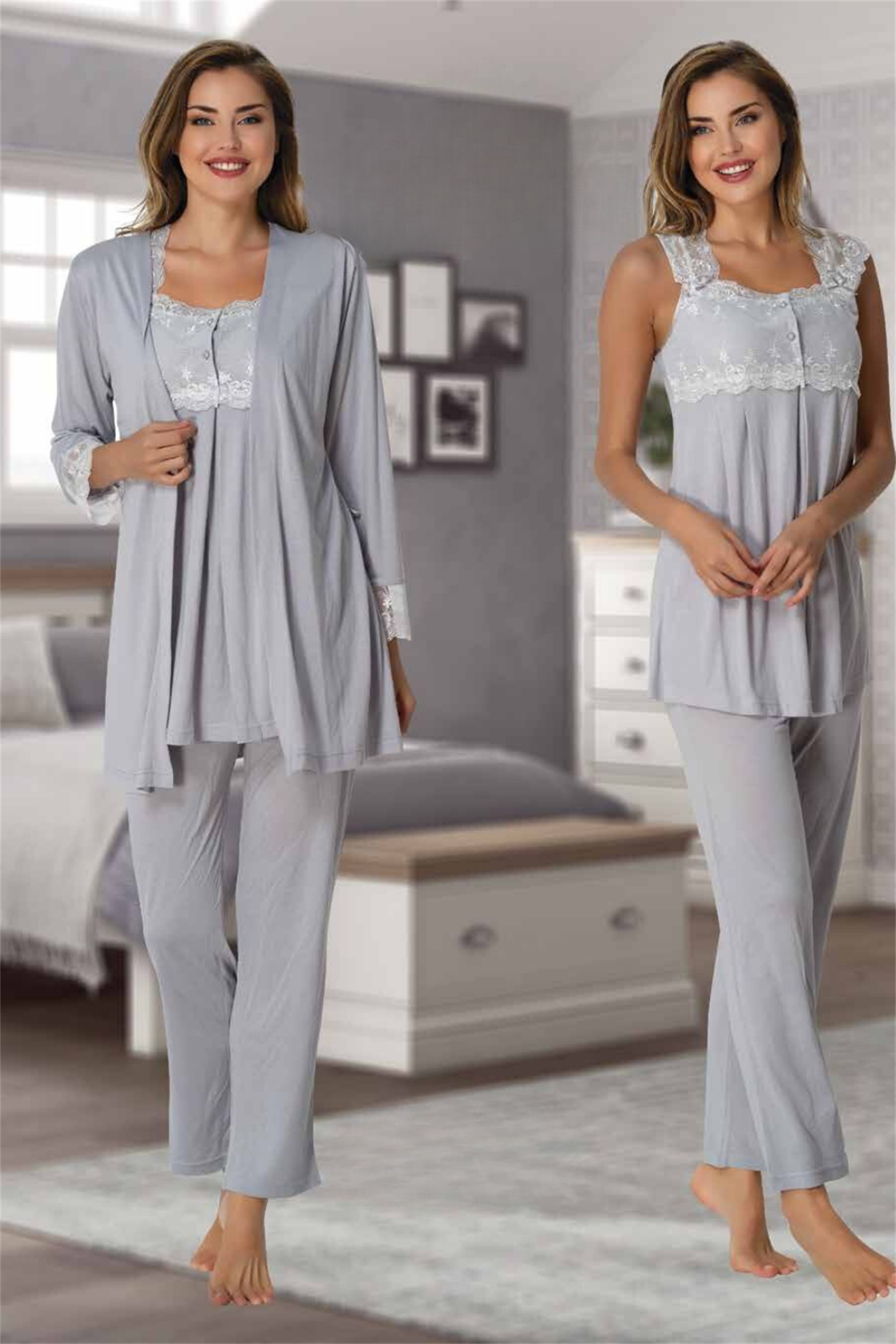 Effortt 2301 Gri Sabahlıklı Lohusa Pijama
