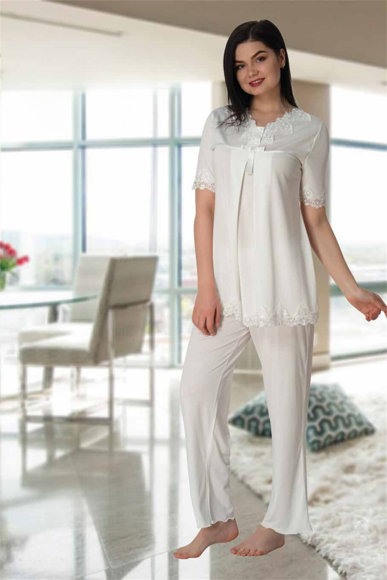 Effortt 5032 Ekru Dantel Yakalı Lohusa Pijama