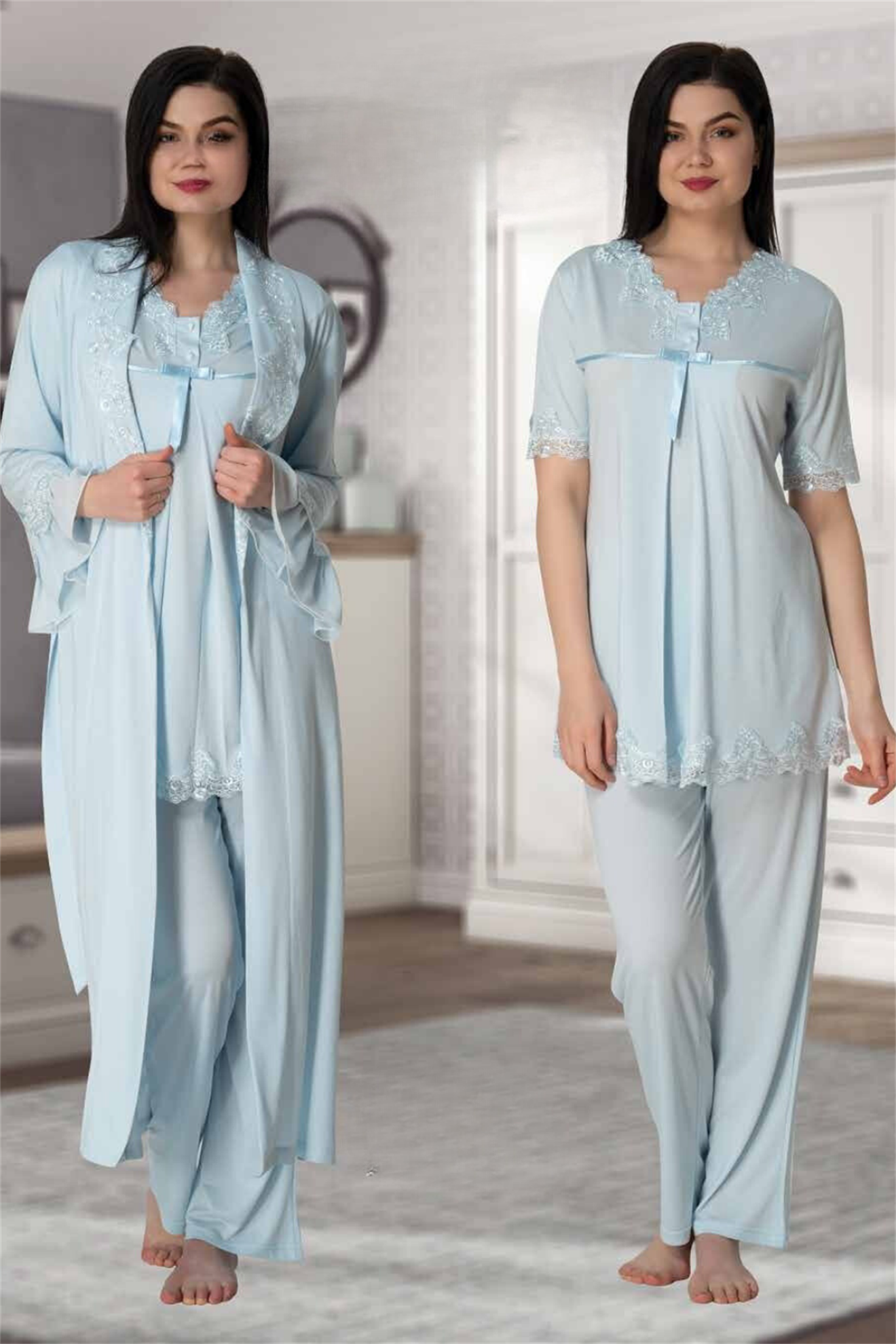 Effortt 5034 Mavi Dantel Yaka Sabahlıklı Lohusa Pijama
