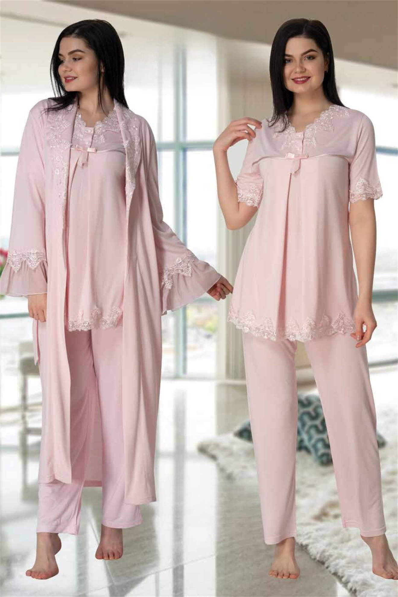 Effortt 5034 Pembe Dantel Yaka Sabahlıklı Lohusa Pijama