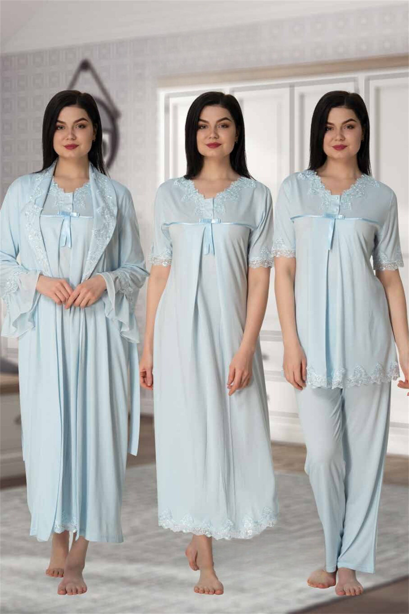 Effortt 5036 Mavi Dantel Yaka 4lü Lohusa Set