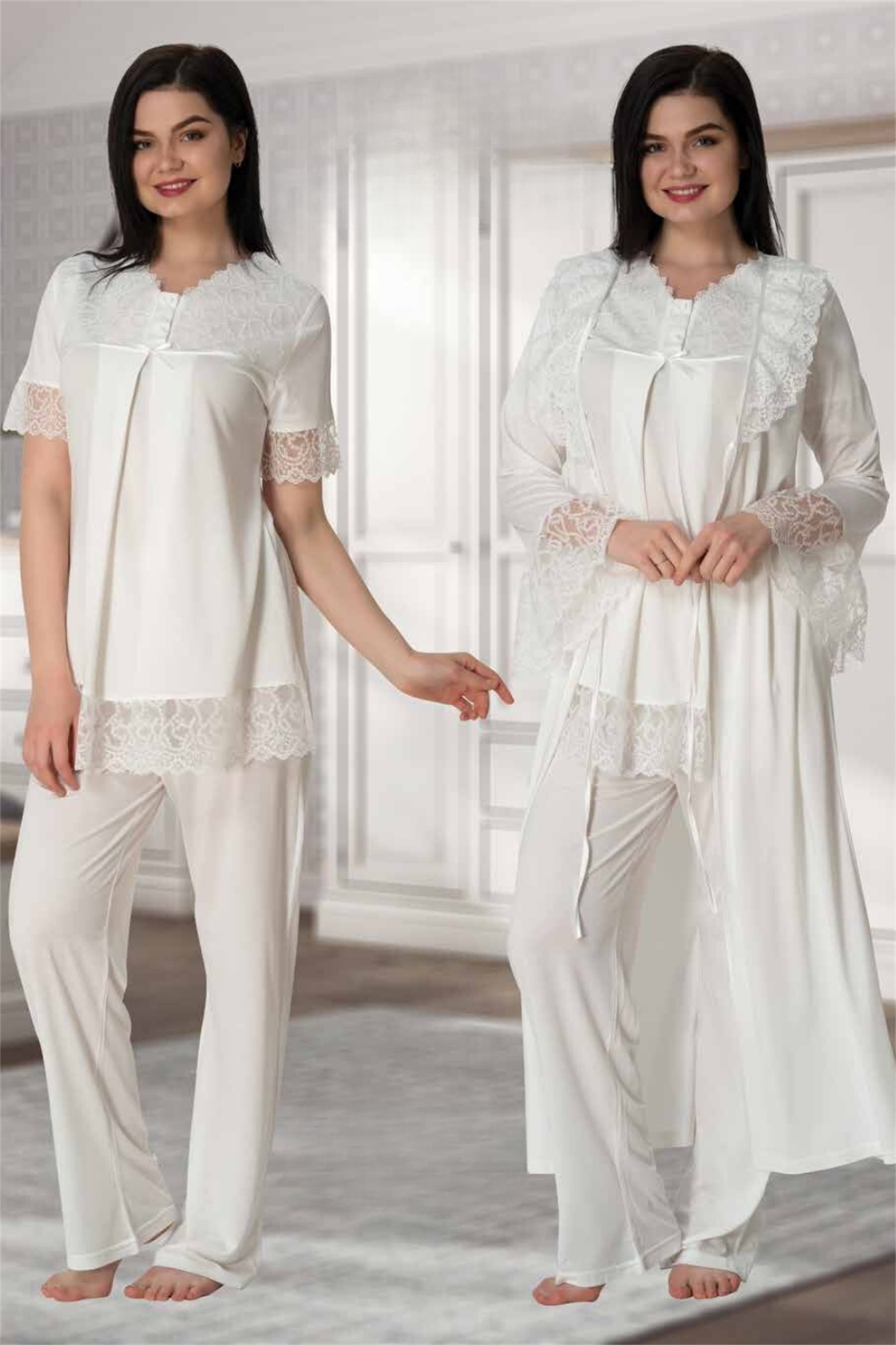 Effortt 5044 Ekru Güpür Detaylı Sabahlıklı Lohusa Pijama