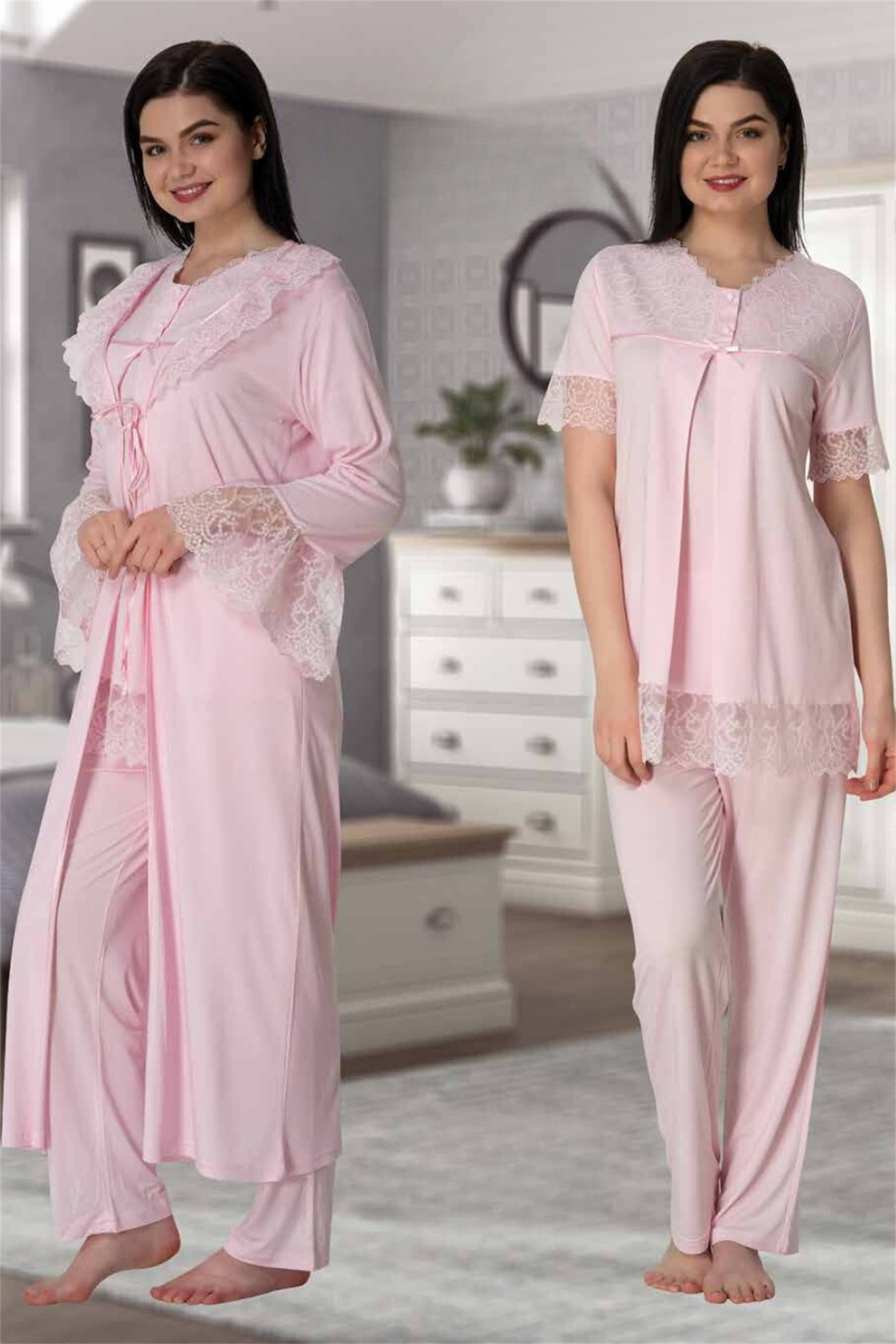 Effortt 5044 Pembe Güpür Detaylı Sabahlıklı Lohusa Pijama