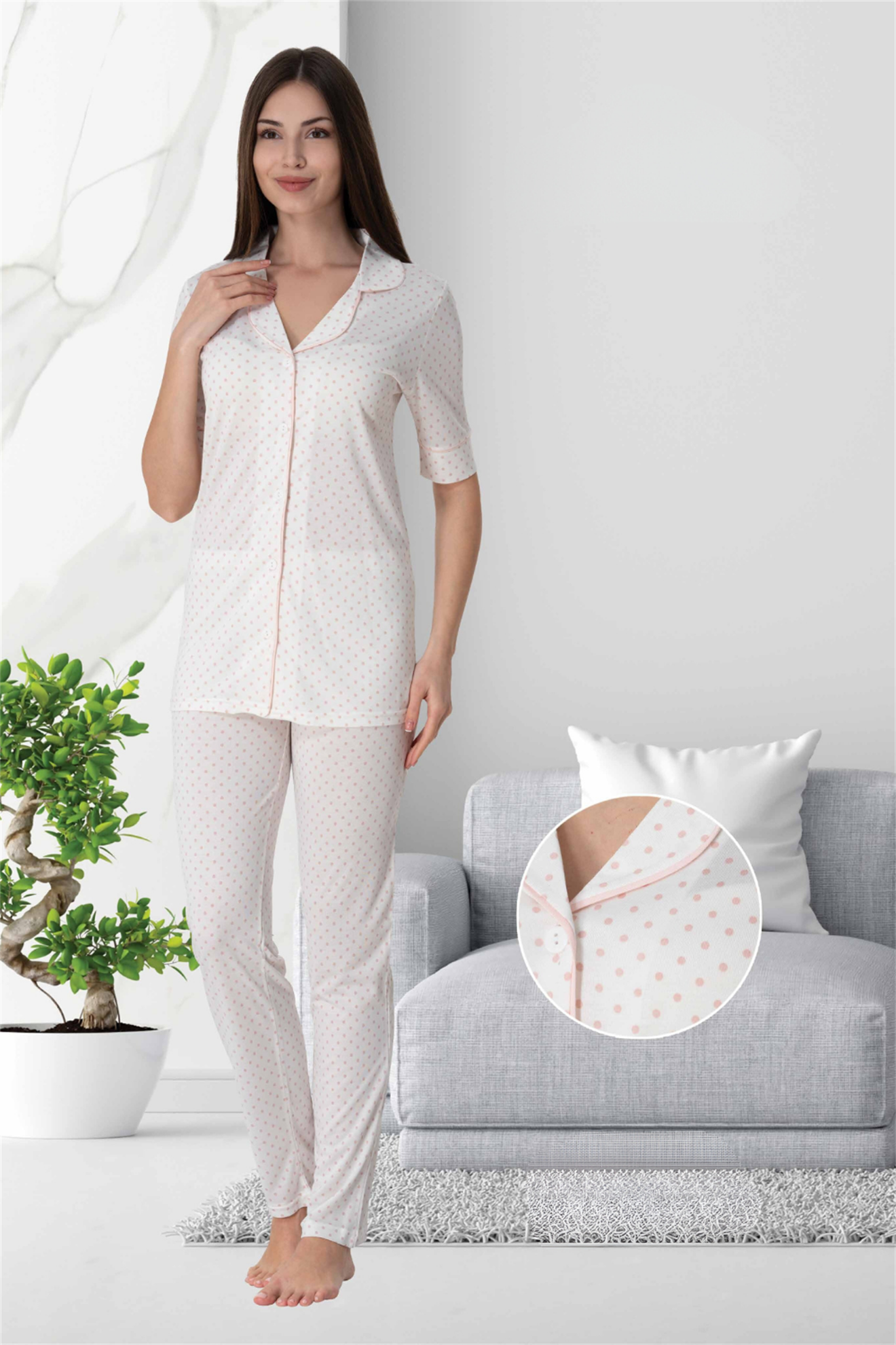 Effortt 5062 Pudra Puan Detaylı Lohusa Pijama