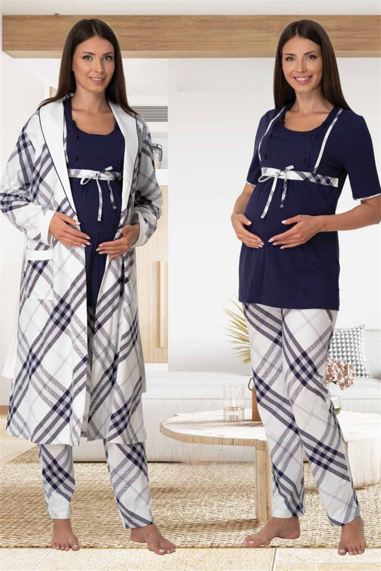 Effortt 6024 Lacivert Ekose Desenli Sabahlıklı Lohusa Pijama