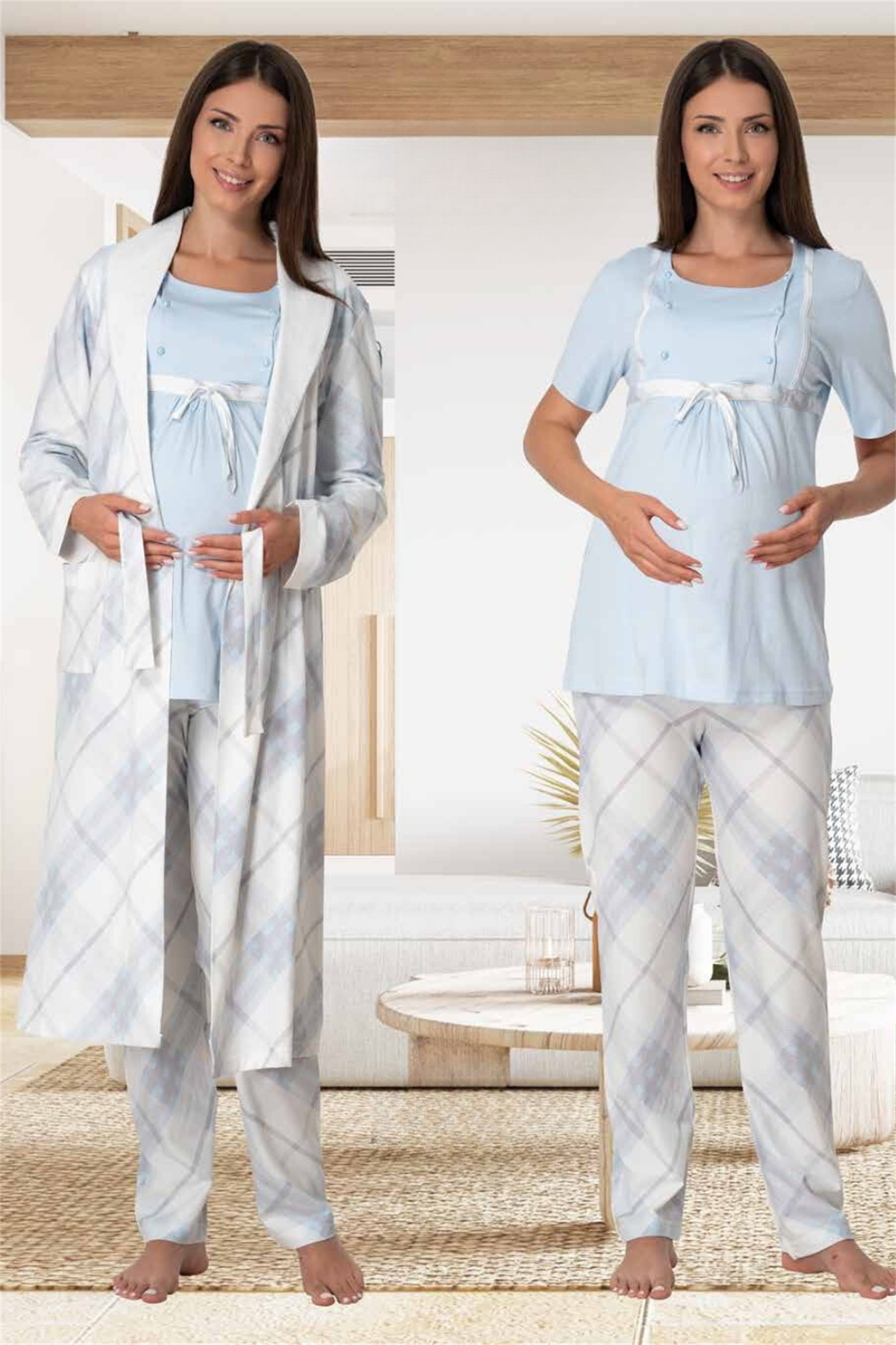 Effortt 6024 Mavi Ekose Desenli Sabahlıklı Lohusa Pijama