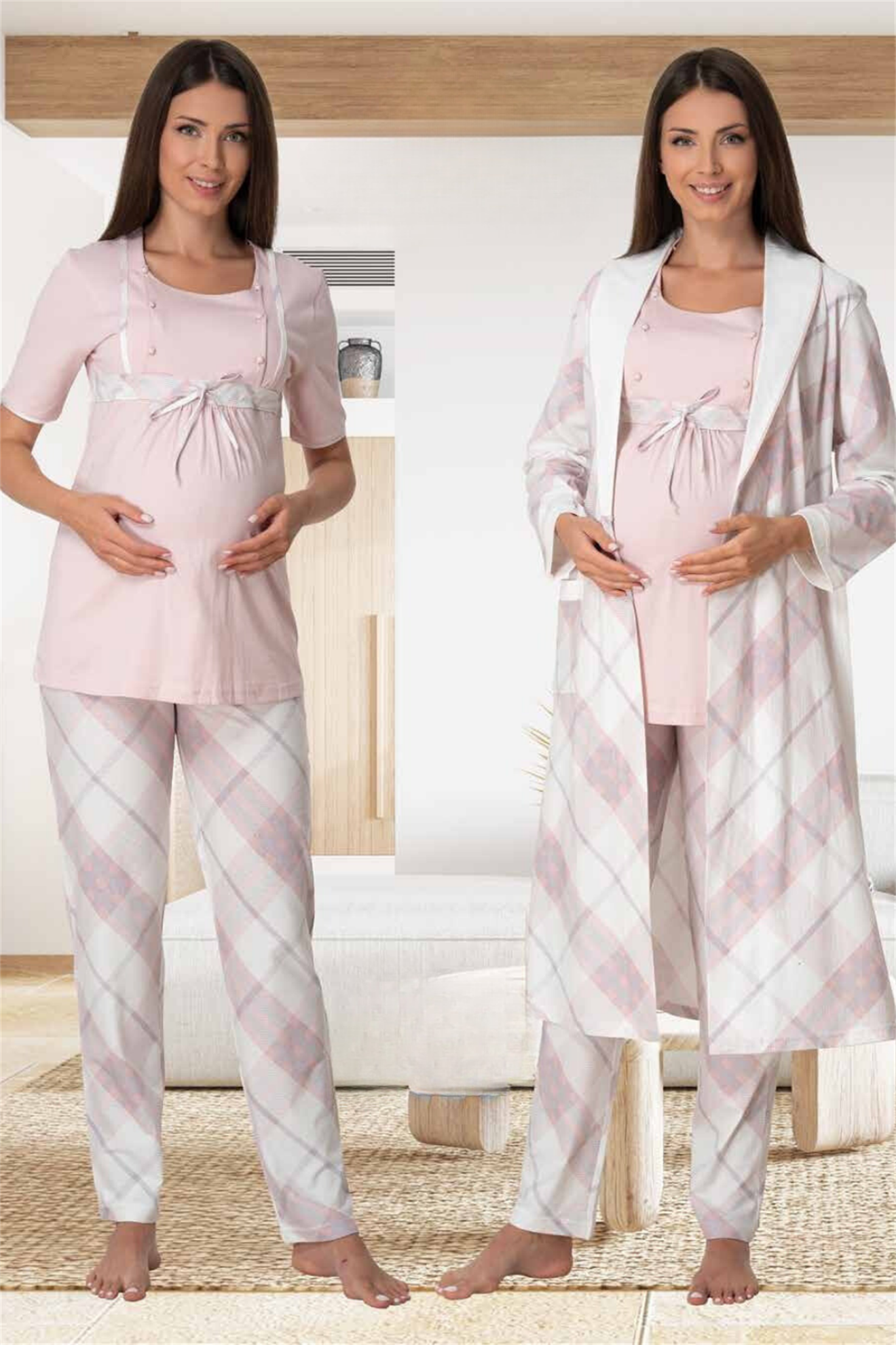 Effortt 6024 Pembe Ekose Desenli Sabahlıklı Lohusa Pijama