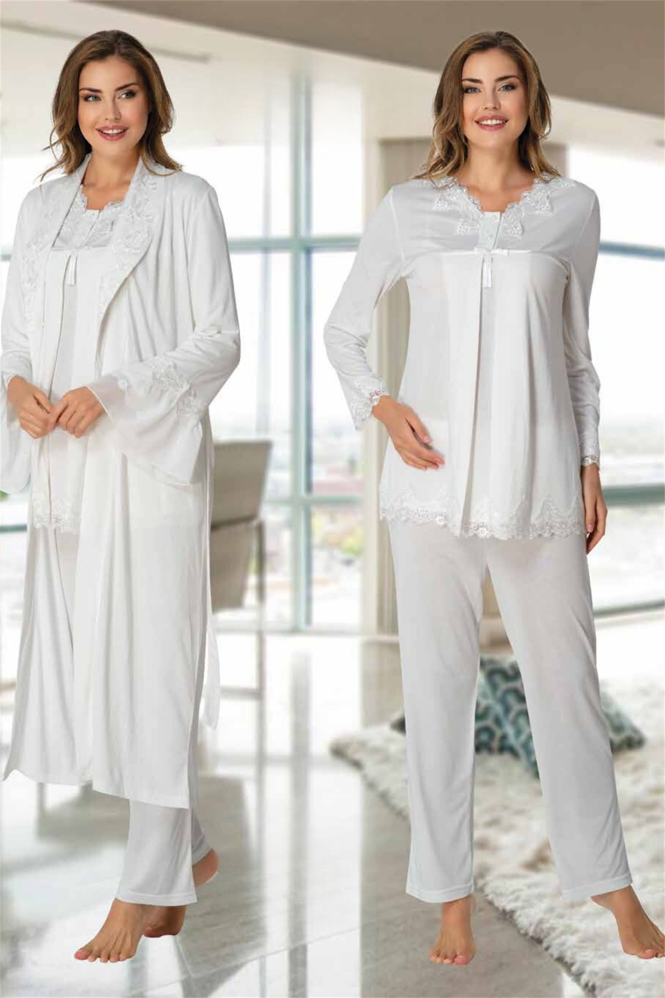 Effortt 7034 Ekru Dantel Yaka Sabahlıklı Lohusa Pijama