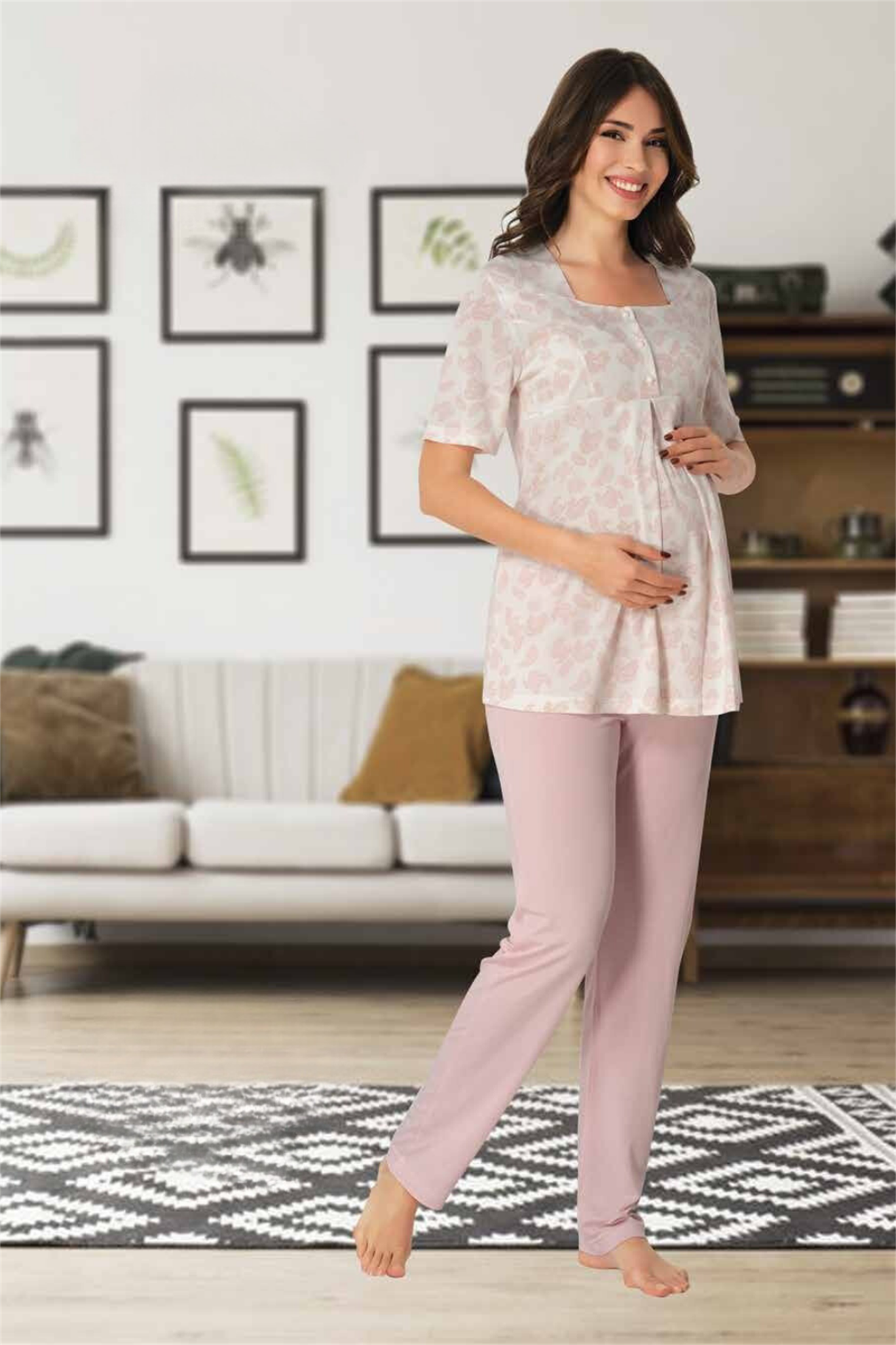 Effortt 8012 Pembe Şal Desenli Lohusa Pijama