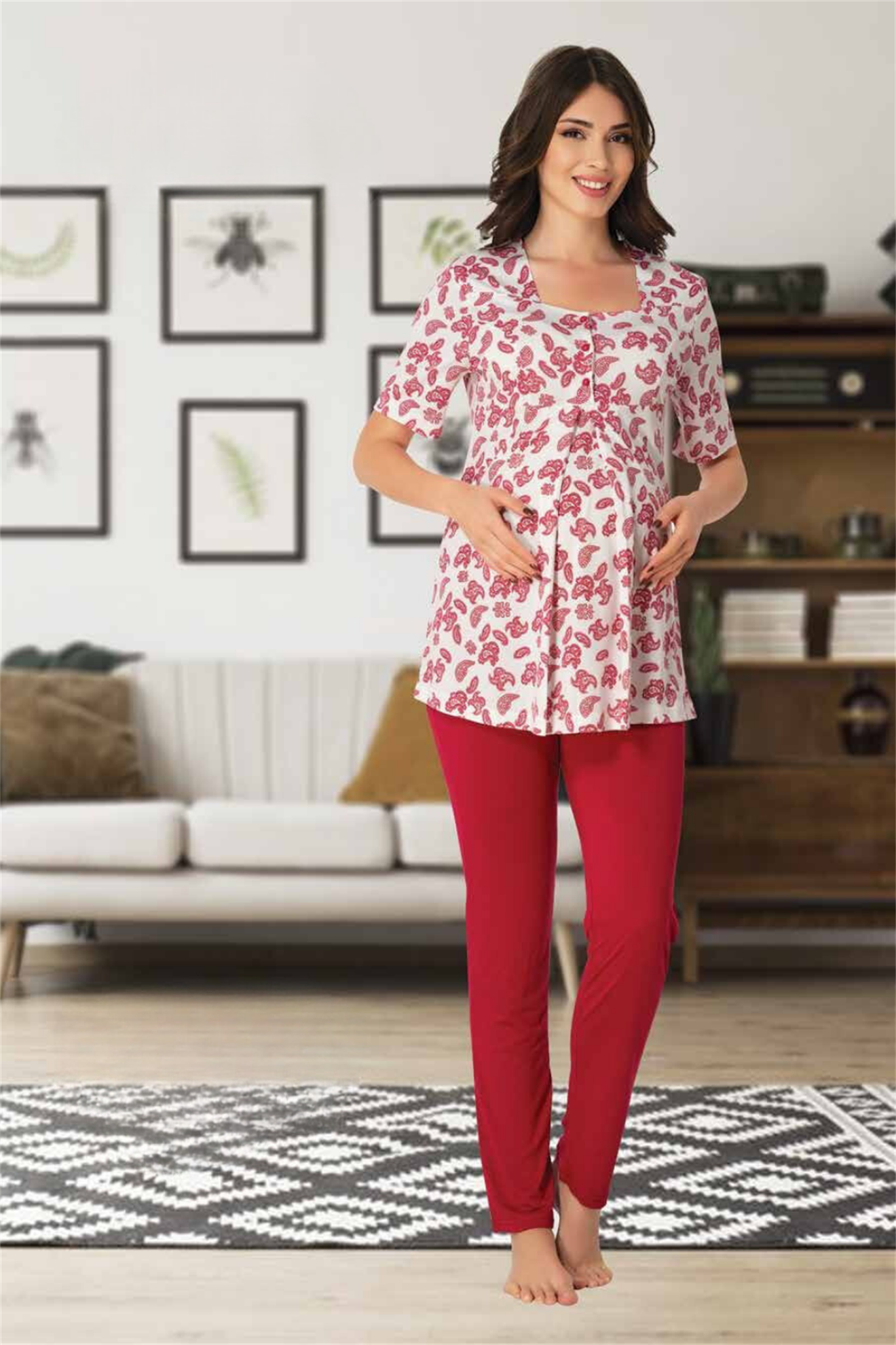 Effortt 8012 Vişne Şal Desenli Lohusa Pijama